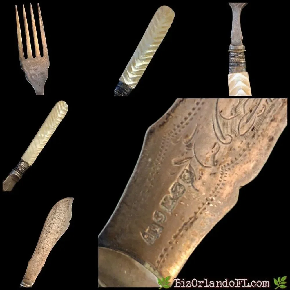 Antique Mother of Pearl Fish Set 4 Knives 4 Forks Chevron Carved Silverplate 8pc